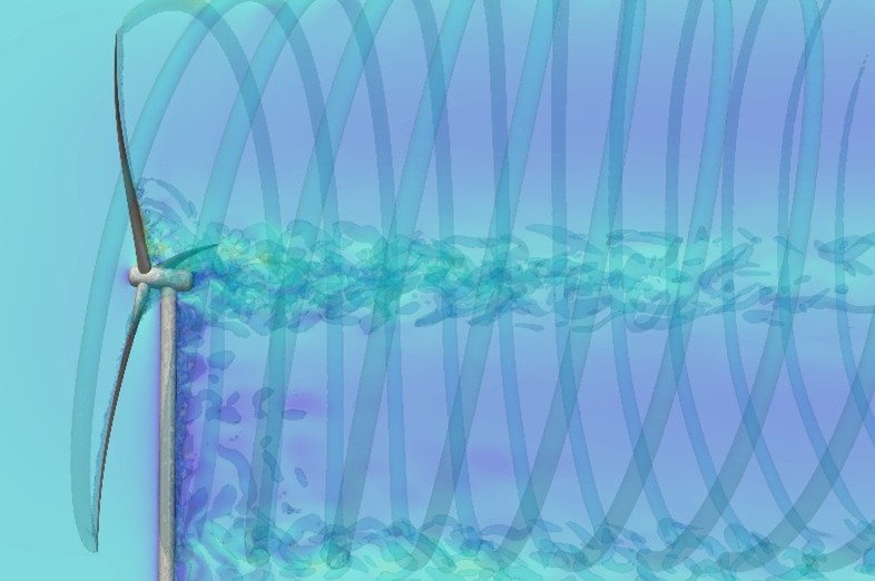 In der Abbildung wird die Verwirbelung der Luft hinter einem Windrad dargestellt.