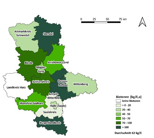 Hier sind die Mengen der durch die Biotonne erfassten spezifischen Bioabfallaufkommen im Jahr 2022 graphisch für das Bundesland Sachsen-Anhalt dargestellt.
