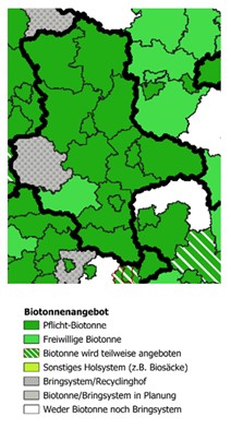 Auf dieser Abbildung werden in verschiedenen Grüntönen die Umsetzung der Biotonne in Sachsen-Anhalt dargestellt. Markant ist, dass im Landkreis Harz keine Biotonne zum Einsatz kommt. Im Burgenlandkreis, im Landkreis Stendal und in der kreisfreien Stadt Dessau-Roßlau ist die Biotonne zu 100 Prozent umgesetzt worden..
