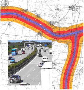 Ausschnitt einer Karte mit Verkehrslärm und Foto einer Autobahn