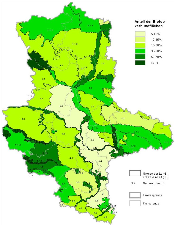 Anteil von Biotopverbundflächen (Kern- und Entwicklungsflächen) in den Landschaftseinheiten