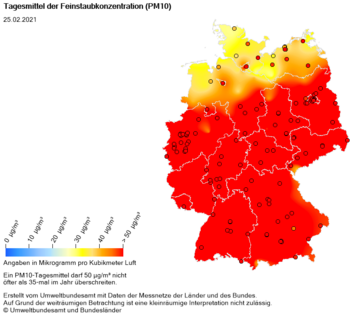 Tagesmittel der Feinstaubkonzentration PM10 am 25.02.2021