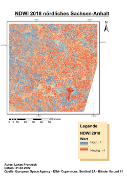 Blau-rot-gelb gefärbte Satellitenaufnahme mit Legende und Quellenangaben