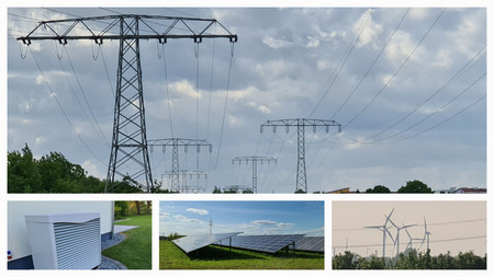 Collage mit Strommasten, Windräder, Wärmepumpen und PV-Anlagen