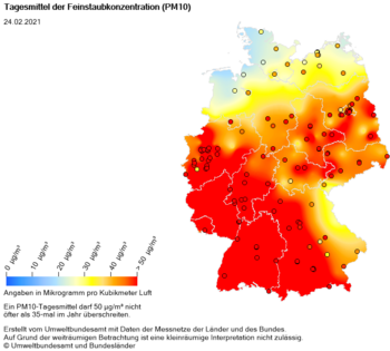 Tagesmittel der Feinstaubkonzentration PM10 am 24.02.2021