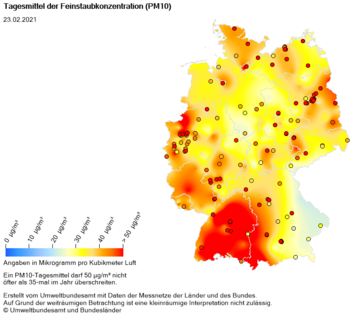 Tagesmittel der Feinstaubkonzentration PM10 am 23.02.2021