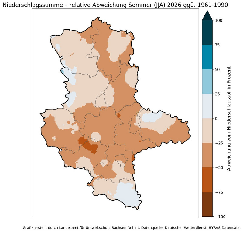 Abbildung 3: Abweichung der Niederschlagsmenge im Sommer 2026 in Sachsen-Anhalt im Vergleich zur Klimareferenzperiode von 1961 bis 1990 in Prozent.