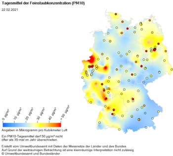 Tagesmittel der Feinstaubkonzentration PM10 am 22.02.2021