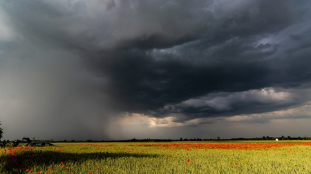 Dunkle Gewitterwolken über einem Feld